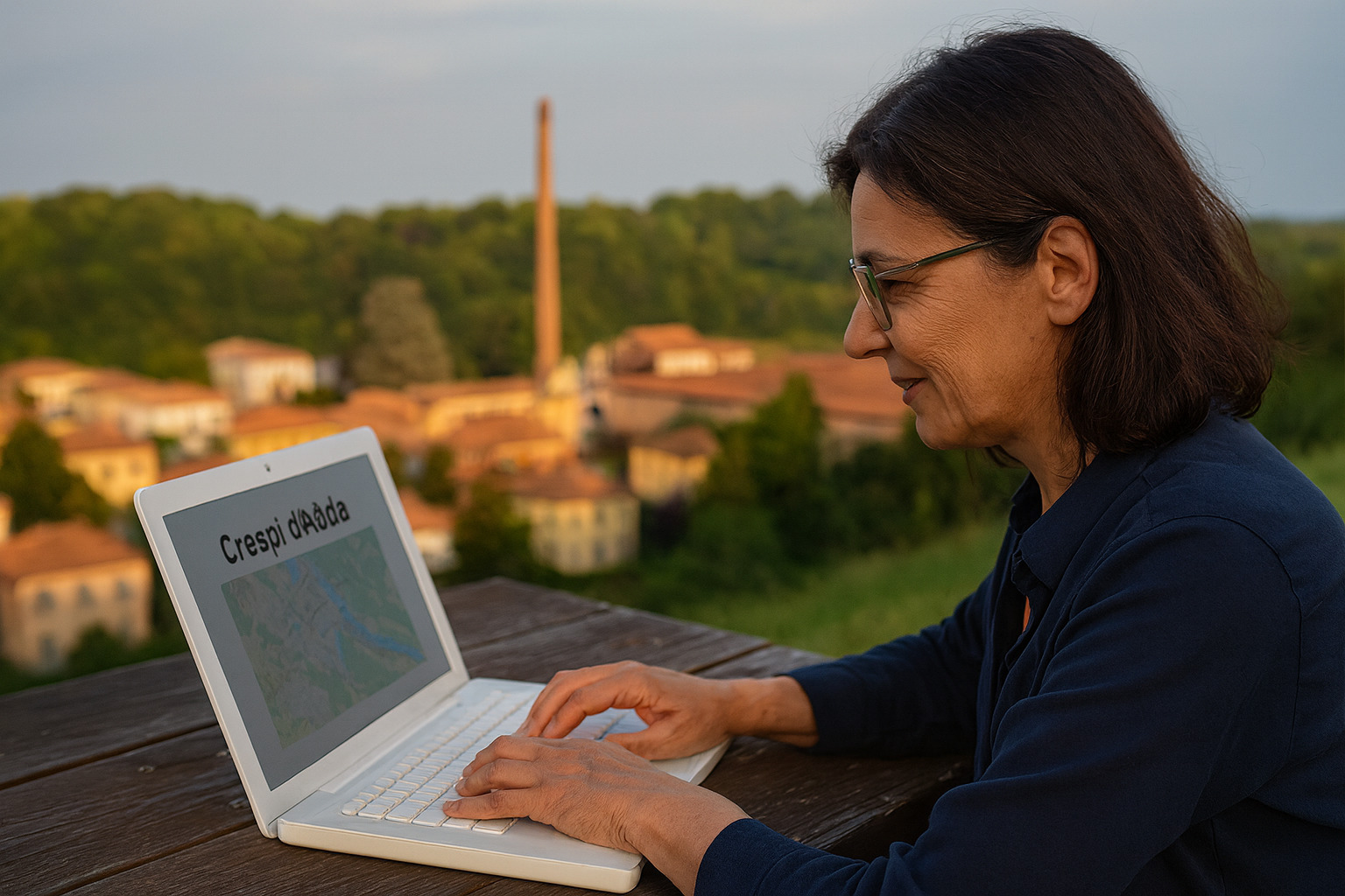 LinkedIn per guide turistiche: vantaggi e strategie vincenti 2 Guida turistica che lavora al computer a Crespi d’Adda per promuovere i suoi servizi su LinkedIn.